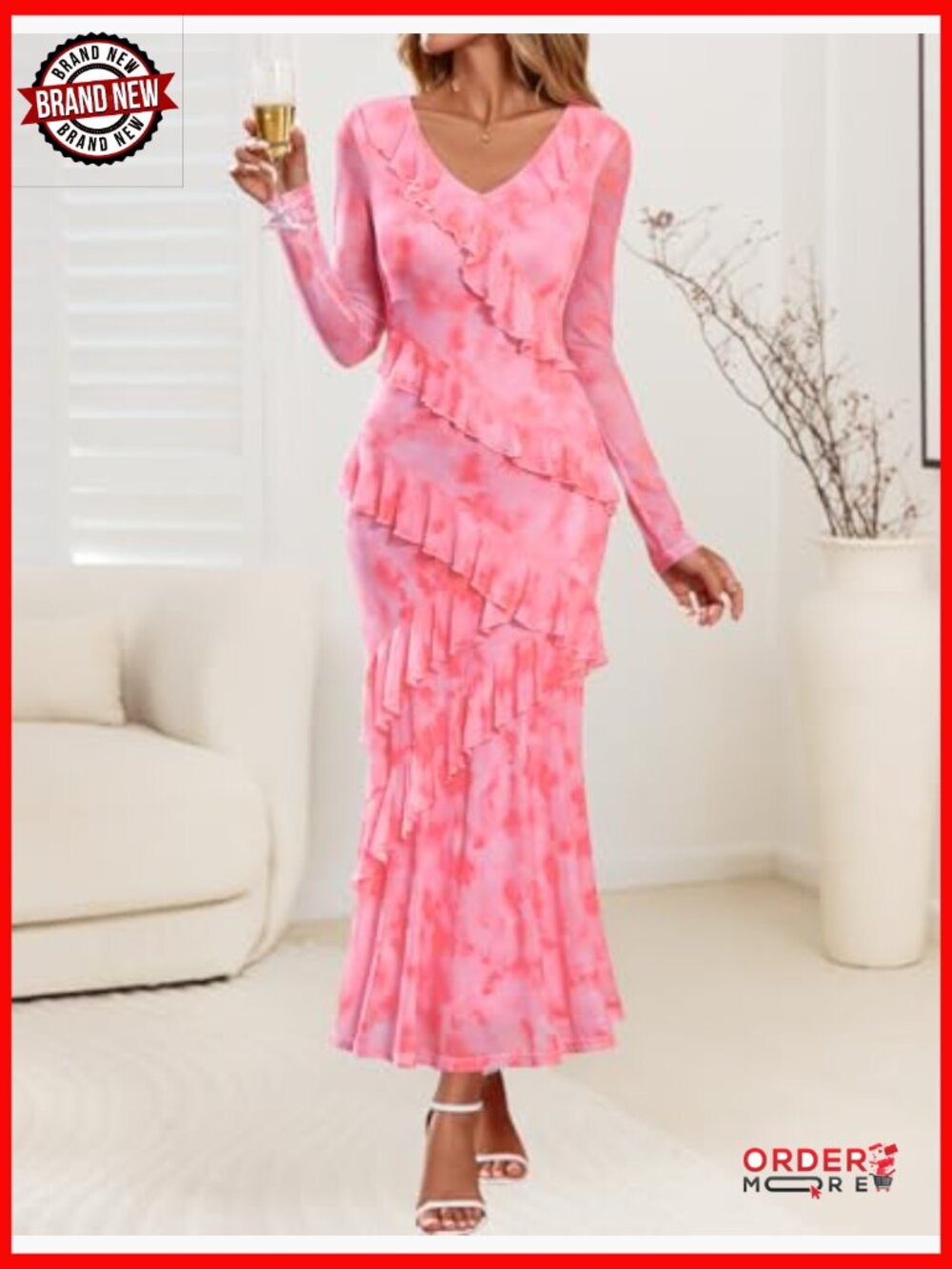 Floral Long Sleeve Maxi Dress Bodycon V-Neck Ruffle Wedding Party - Picture 2 of 7